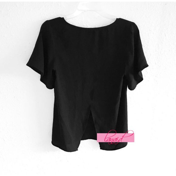 Tobi Open Back Black Chiffon V-Neck Flutter-Sleeve Blouse Top Backless Cut-Out S - Picture 3 of 7